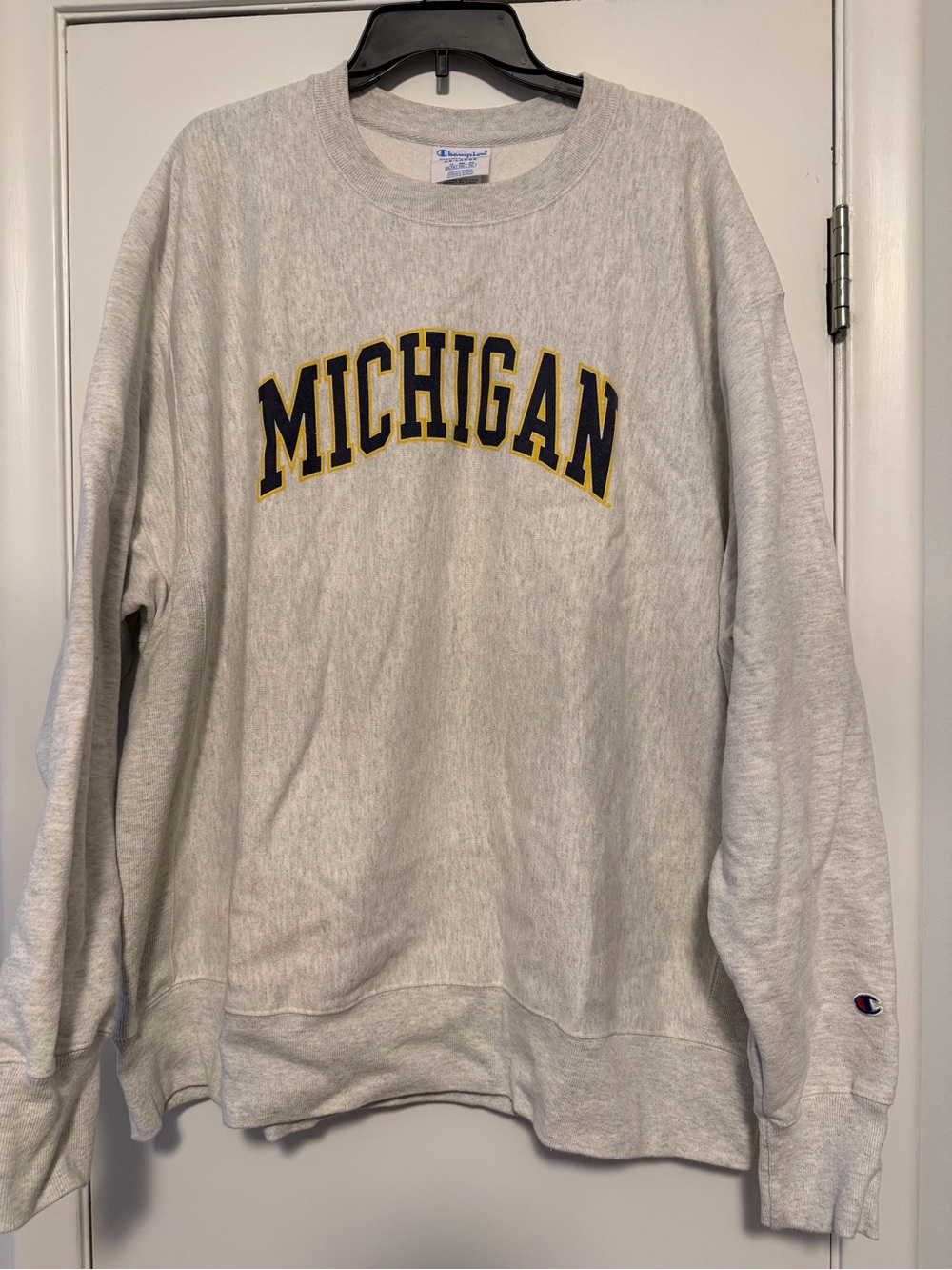 Champion Gray Michigan Crewneck Sweatshirt with Navy & Yellow Logo